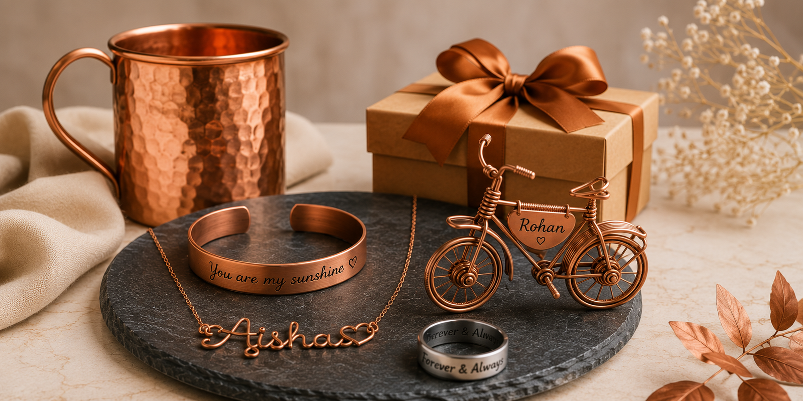 Couple wearing personalized copper jewelry